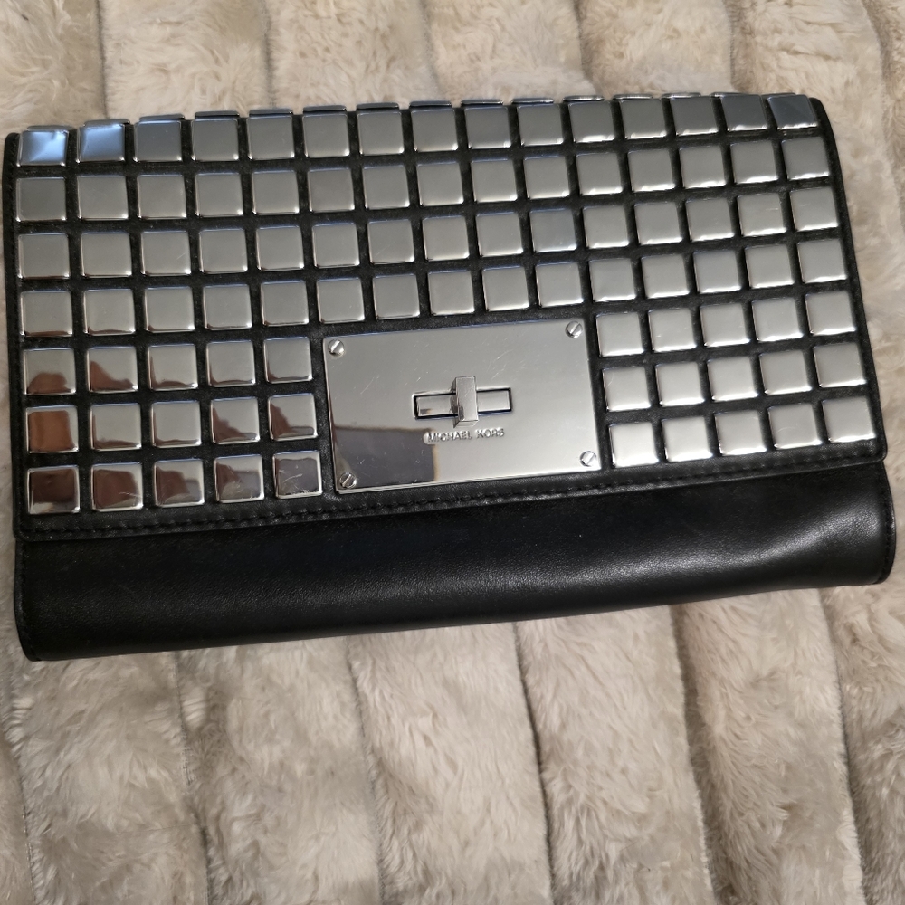 MICHAEL MIchael Kors Studded Silver Mirror Tile Clutch with Black Leather